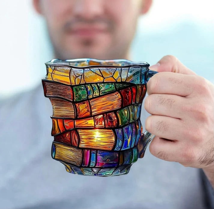 URBANOMAX 3D painted books coffee mug featuring detailed book illustrations, perfect for book lovers and coffee enthusiasts.