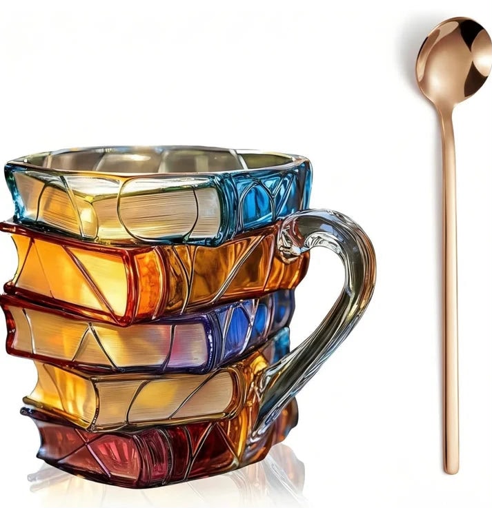 URBANOMAX 3D Painted Books Coffee Mug featuring colorful book illustrations and a ceramic finish.