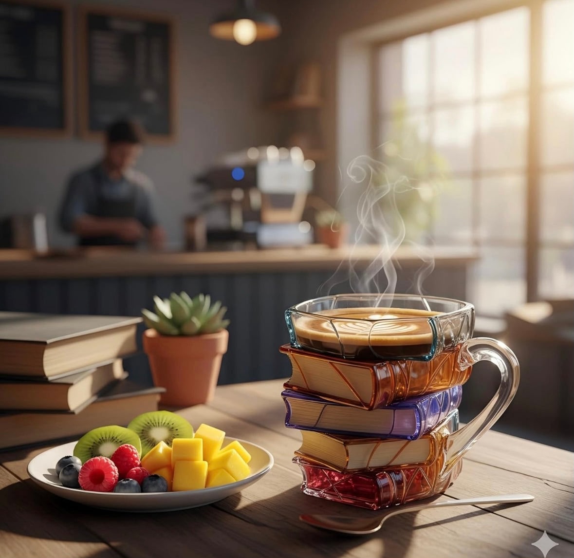 URBANOMAX 3D painted books coffee mug with colorful book design and comfortable handle, ideal for coffee or tea.