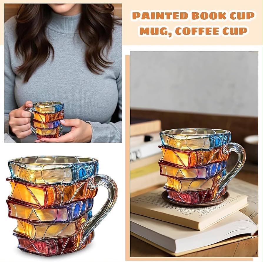 Urbanomax 3D painted books coffee mug featuring a colorful, detailed book design on ceramic surface.