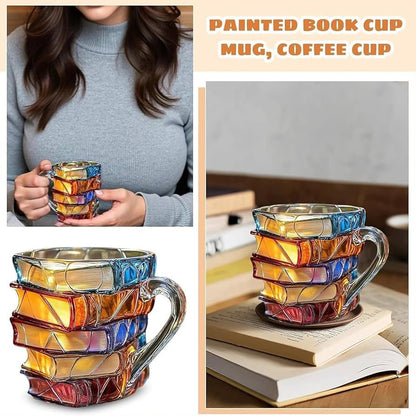 Urbanomax 3D painted books coffee mug featuring a colorful, detailed book design on ceramic surface.