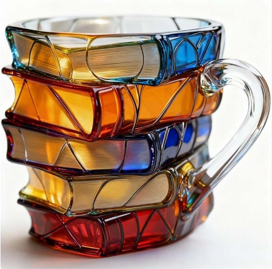 URBANOMAX 3D painted books coffee mug with colorful book design, ceramic cup featuring vibrant, artistic book illustrations.