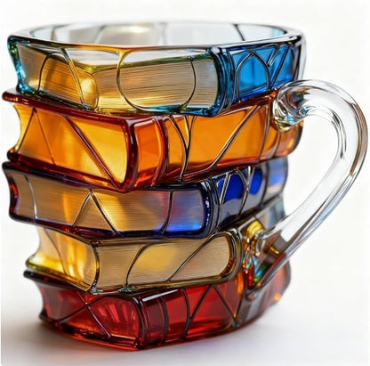 URBANOMAX 3D painted books coffee mug with colorful book design, ceramic cup featuring vibrant, artistic book illustrations.